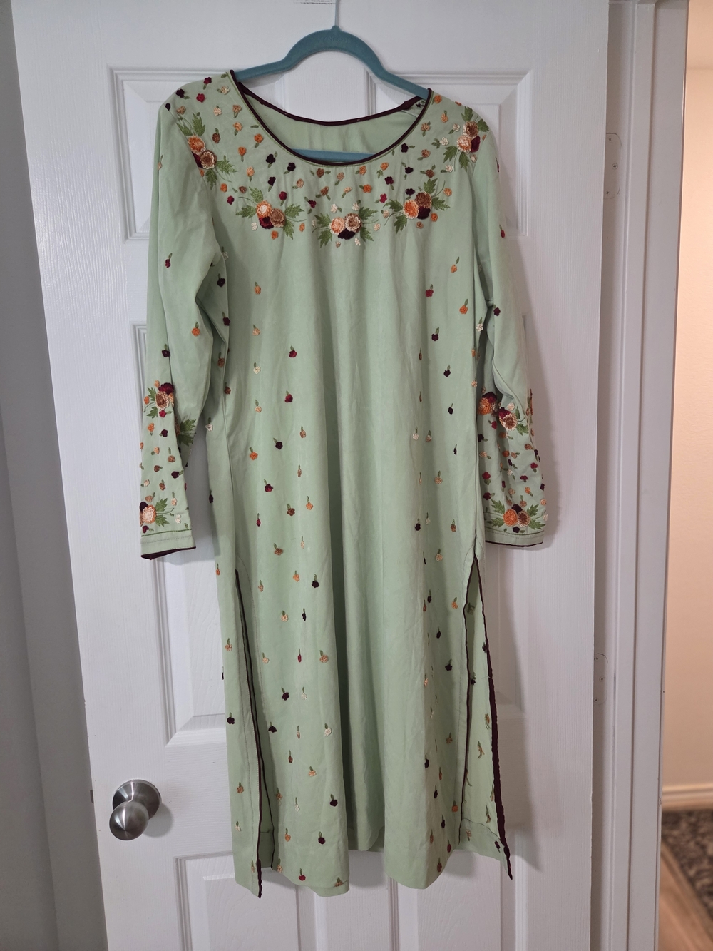 Light Green Embroidered Long Sleeve Women's Kurti Tunic. Hand Embroidered Accent